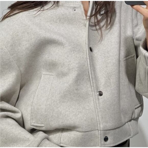 ZARA XL Cropped Bomber Jacket Beige Wool Blend Snap Front Ribbed Hem NWT Women - Picture 2 of 7